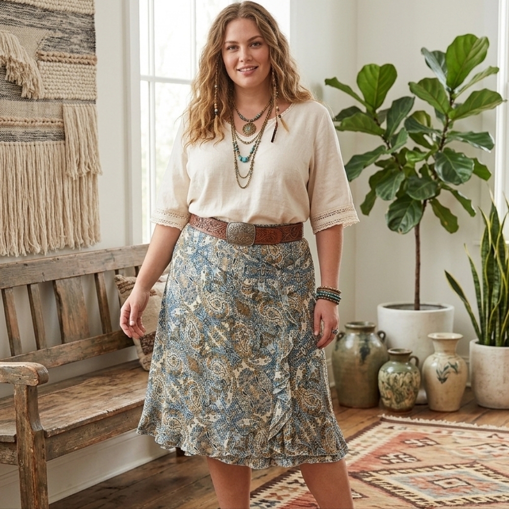 ENCORE Paisley Ruffle Faux Wrap Midi Skirt, Western Boho Vibe ,Plus Size 18